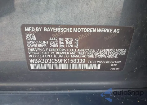 2015 BMW 328D z USA, uszkodzony, nr VIN WBA3D3C59FK158339